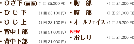 ・ひざ下(前面)(1回 25,200円)・ひ じ 下(1回 23,100円)・ひ じ 上(1回 23,100円)・背中上部(1回 21,000円)・背中下部(1回 21,000円)・胸部(1回 21,000円)・腹部(1回 21,000円)・オールフェイス(1回 25,200円)・おしり(new)(1回 21,000円)