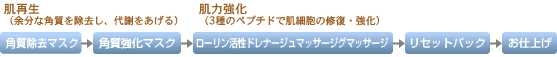 角質除去マスク→角質強化マスク→活性ドレナージュマッサージ→リセットパック→お仕上げ