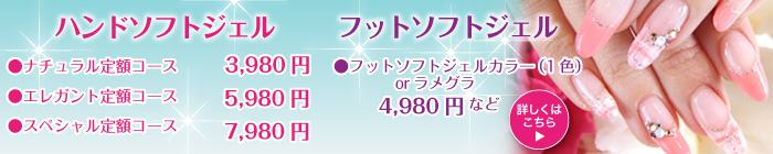 ハンドバイオジェル●ナチュラル定額コース 3,980円●エレガント定額コース 5,980円●スペシャル定額コース 7,980円　[詳しくはこちら]