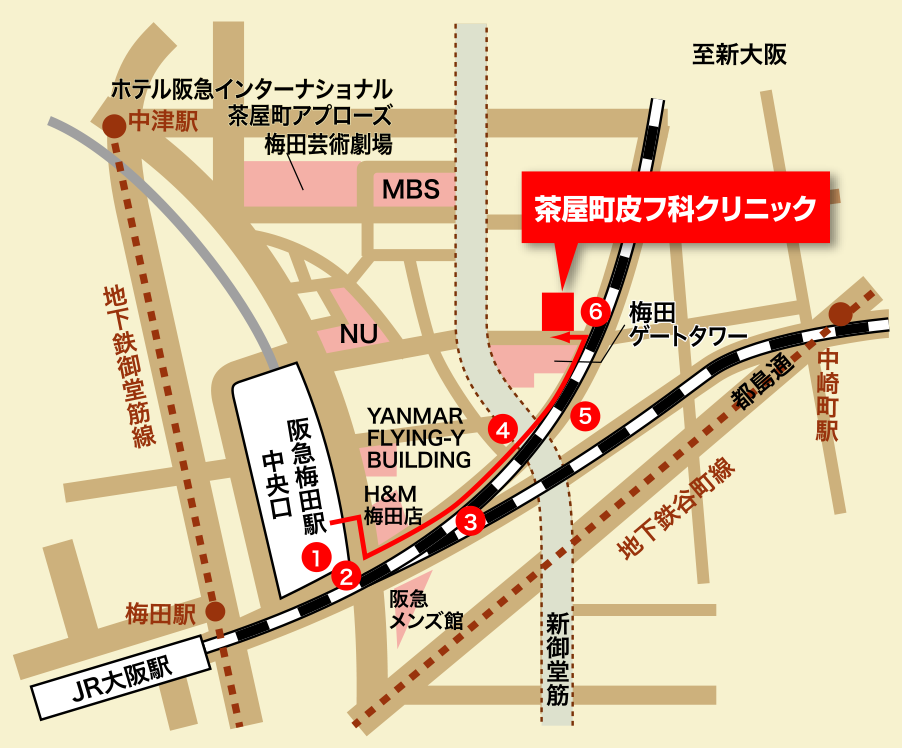 茶屋町皮膚科クリニックのアクセスマップ