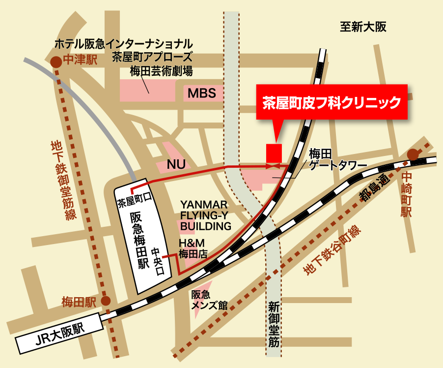 茶屋町皮膚科クリニックのアクセスマップ